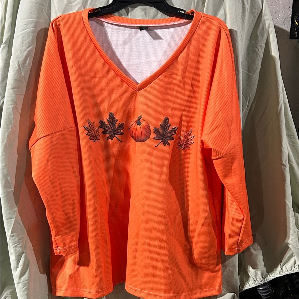 Orange V-Neck Pumpkin Leaf Women's Top was